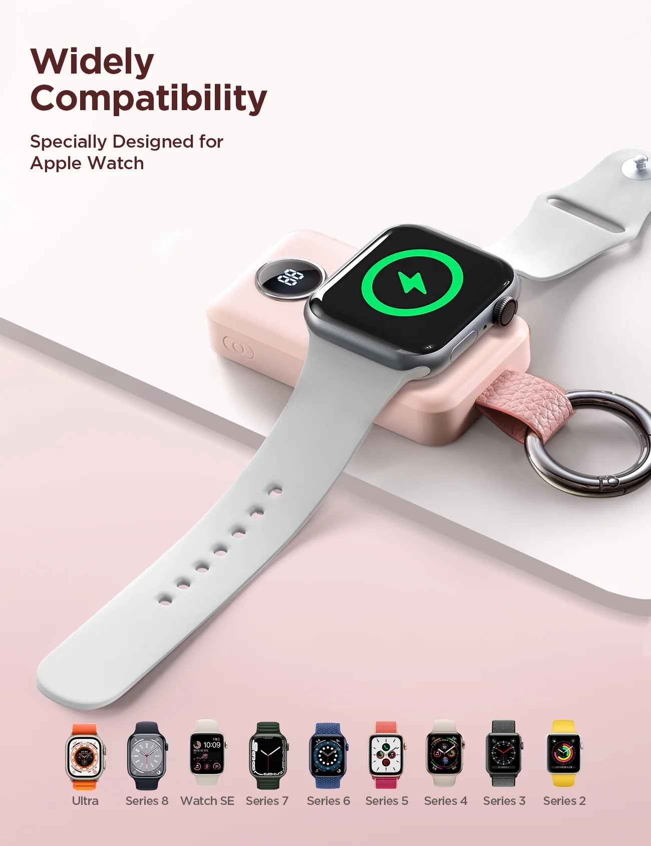 Portable Charger for Apple Watch, 2000Mah Magnetic Wireless Power Bank Fast Charger Keychain, Compatible for Iwatch Series 9/8/7/6/5/Se/4/3/2/Ultra 2, Pink