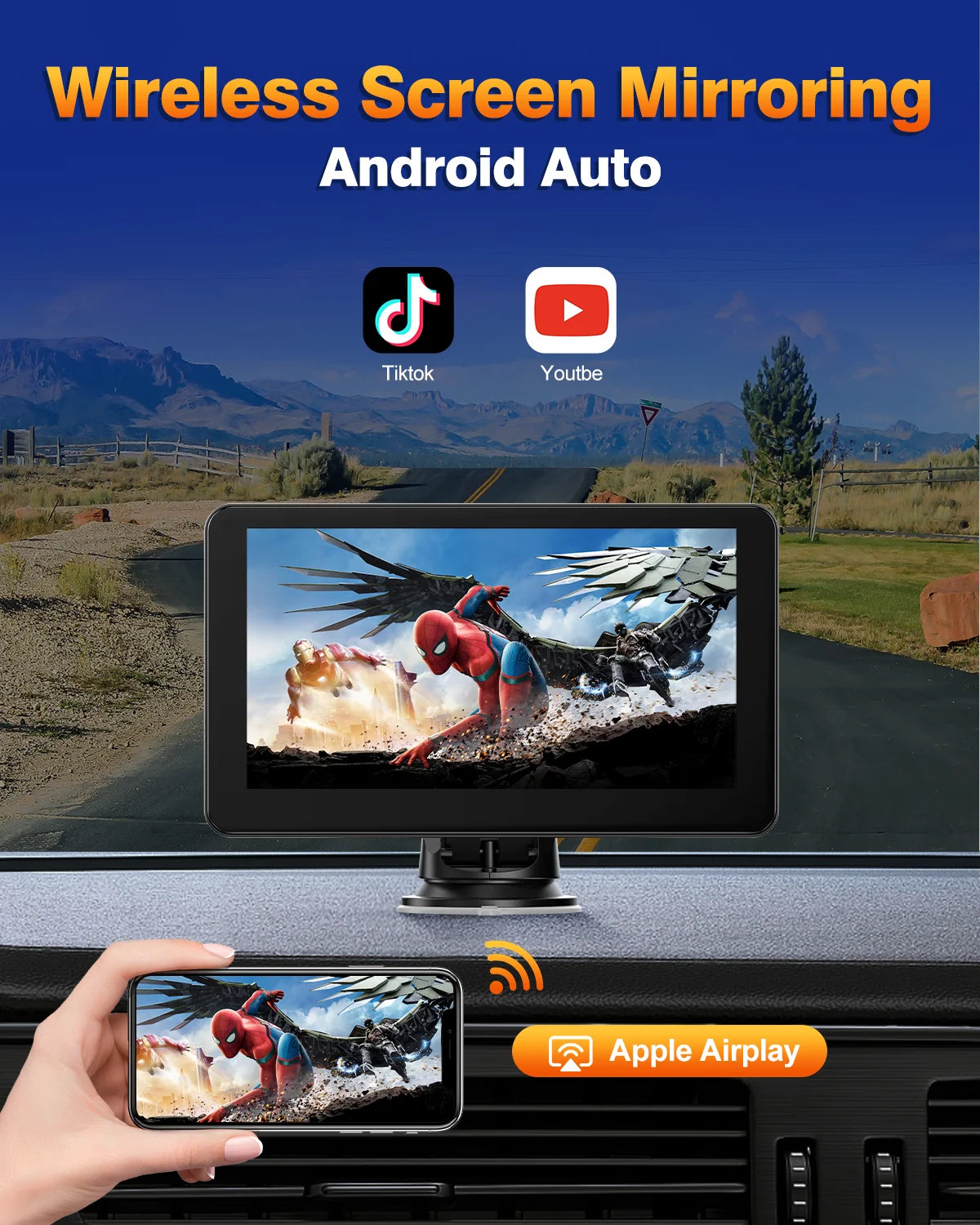 Portable 7 Inch Wireless Apple Carplay & Android Auto, 1080P HD Touchscreen GPS Navigation Car Stereo, Car Radio Receiver with Bluetooth, Mirror Link, FM, Siri