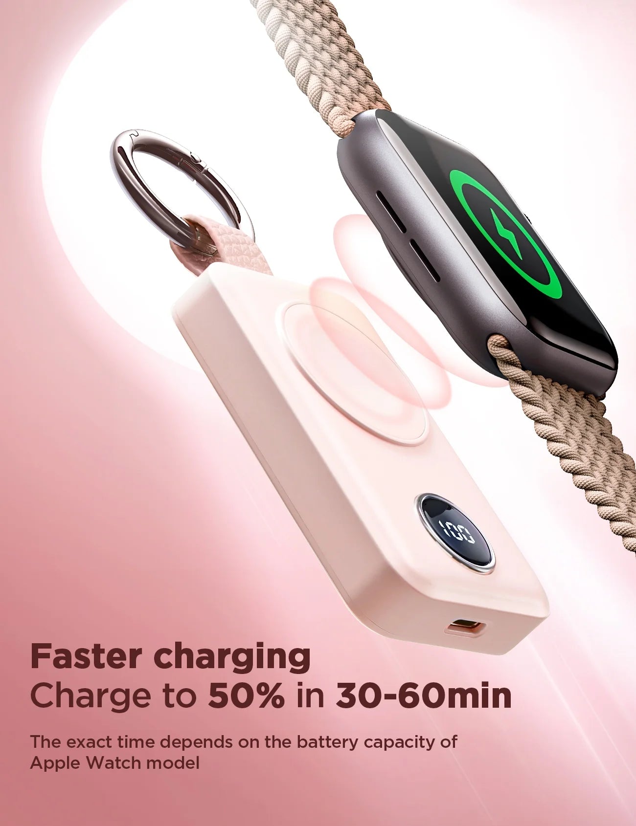 Portable Charger for Apple Watch, 2000Mah Magnetic Wireless Power Bank Fast Charger Keychain, Compatible for Iwatch Series 9/8/7/6/5/Se/4/3/2/Ultra 2, Pink