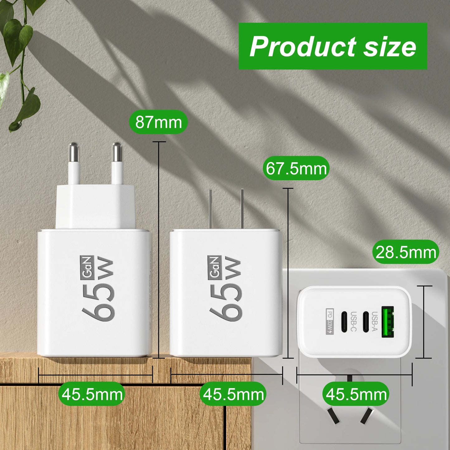 65W Gan USB Fast Charging Type C PD Charger Quick Charge Mobile Phone Power Adapter for Iphone 14 15 Pro Xiaomi Samsung Oneplus