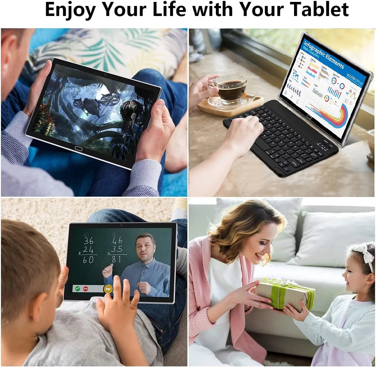 Tablet 10 Inch Android 14 Tablet,Wifi 6 Tablets PC,64GB ROM+8GB RAM( Expand to 1Tb),Octa-Core,5G Wi-Fi,Widevine L1,Bluetooth,Dual Camera,7000Mah,Split Screen,Face Unlocked,2 in 1 Tablet with Keyboard