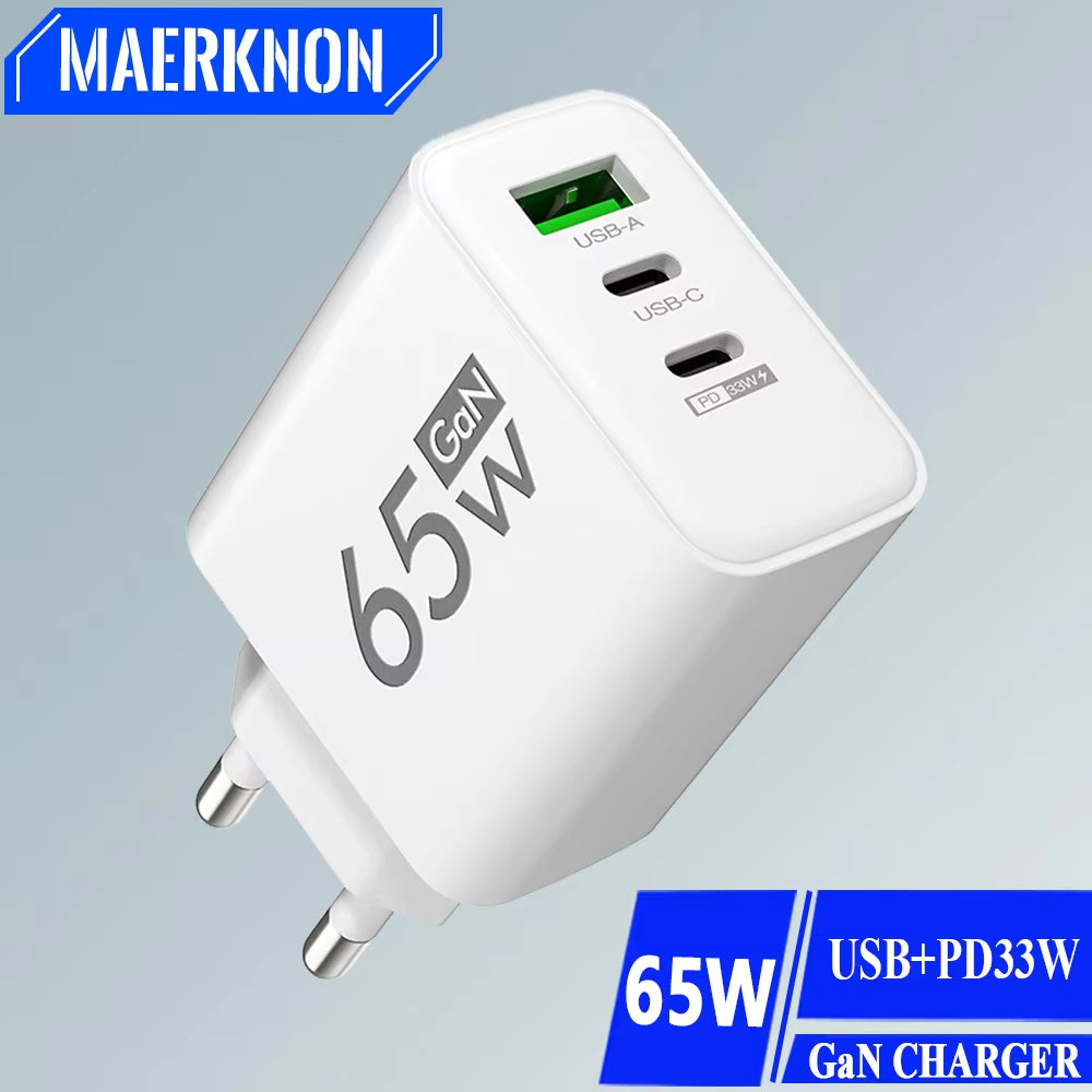 65W Gan USB Fast Charging Type C PD Charger Quick Charge Mobile Phone Power Adapter for Iphone 14 15 Pro Xiaomi Samsung Oneplus