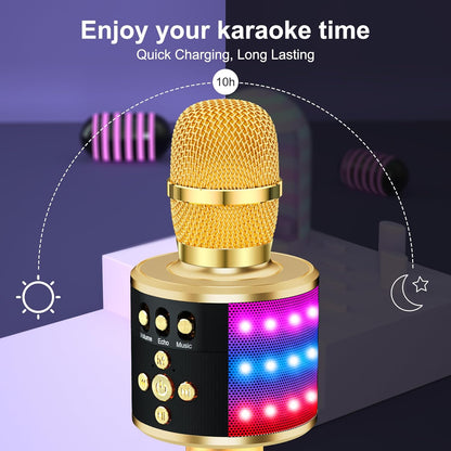 Bluetooth Wireless Karaoke Microphone with LED Lights,4-In-1 Portable Handheld Mic with Speaker Karaoke Player for Singing Home Party Toys Birthday Gift for Kids Adults Girls Q78(Gold)